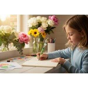 Floral-Inspired Decorative Ballpoint Pen With Rhinestones & Beaded Design Green